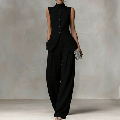 Sleeveless Stand Collar Wide-Leg Linen Jumpsuit with Side Pockets