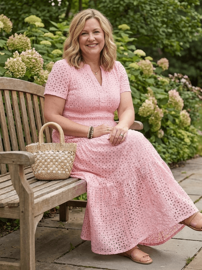 Women's Short-Sleeve Eyelet Midi Dress with Tiered Skirt and Split Neckline