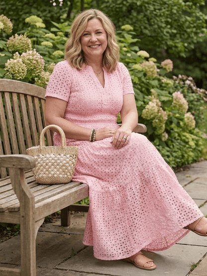 Women's Short-Sleeve Eyelet Midi Dress with Tiered Skirt and Split Neckline