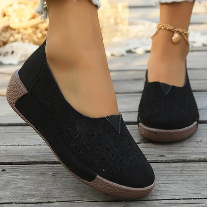 Slip-On Wedge Loafers with Floral Cut-Out Detail and Orthopedic Insole