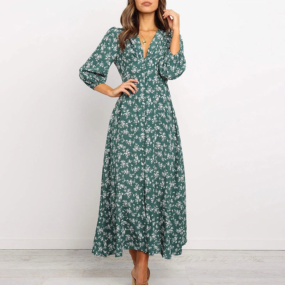 Norma Floral V-Neck A-Line Maxi Dress with Long Sleeves for Women