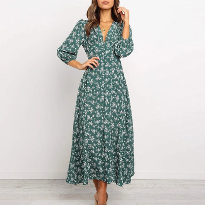 Norma Floral V-Neck A-Line Maxi Dress with Long Sleeves for Women