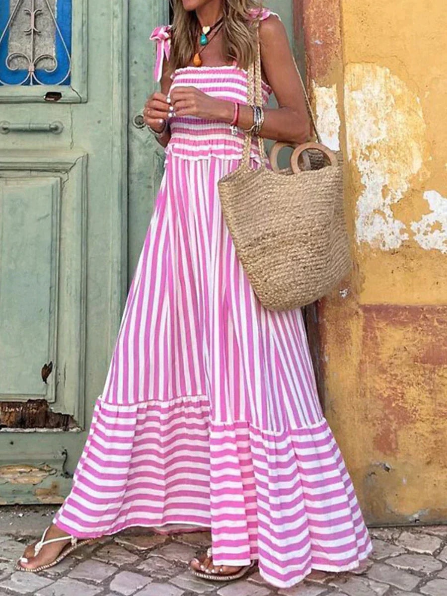 Emilia Striped Cotton-Blend Smocked-Bodice Women's Midi Dress with Tie Straps