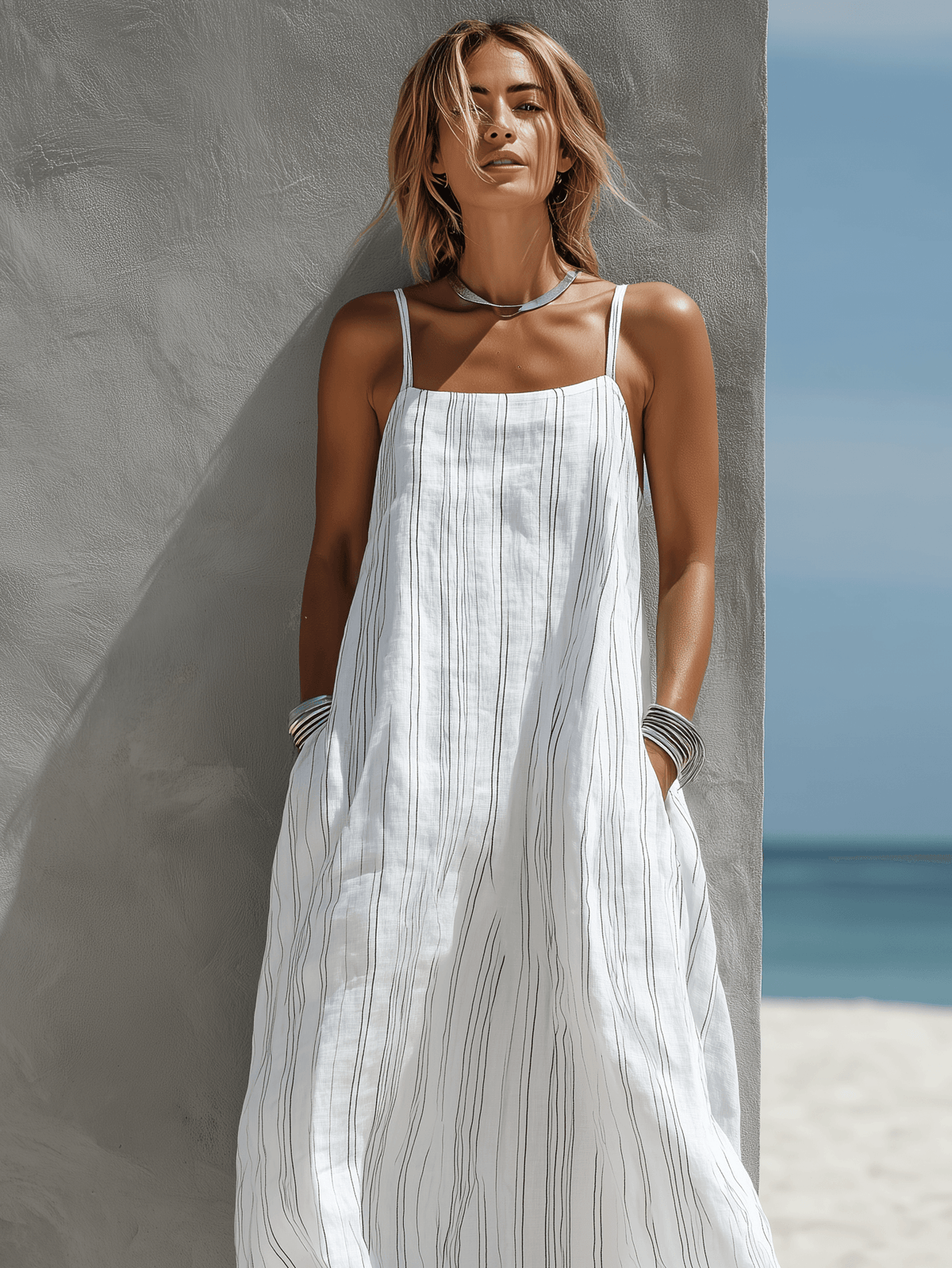 Vertical Striped Loose Woven Summer Maxi Dress with Spaghetti Straps