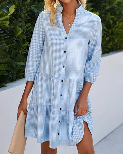 Cressida Checkered Tiered Summer Dress with Button Details