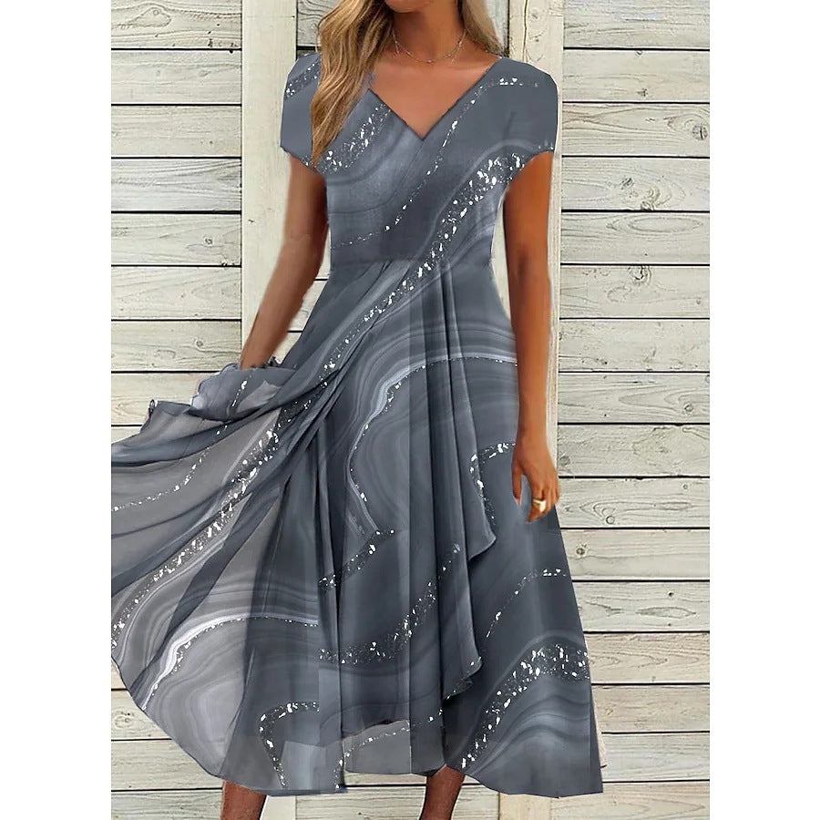 Surplice V-Neck Wrap Midi Dress with Asymmetrical Hemline