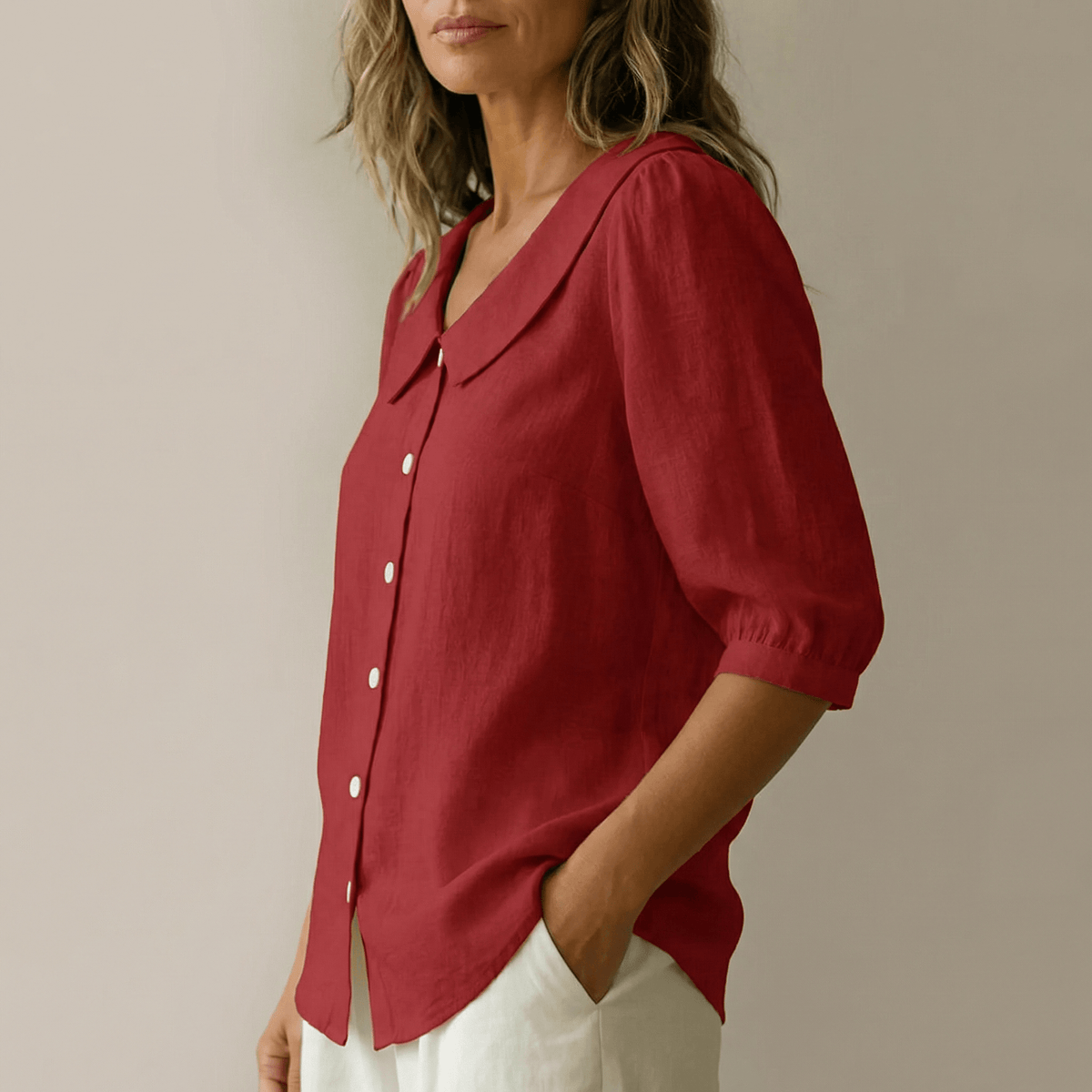 Peter Pan Collar Button-Up Top with Puff Sleeves for Women