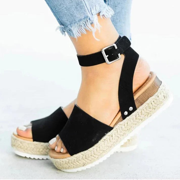 Women's Cushioned PU Leather Espadrille Wedge Sandals with Ankle Strap Buckle