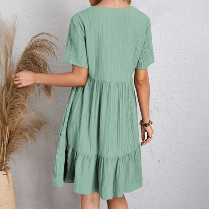 Audrey Boho Mini Dress with V-Neck Ruffle Hem and Short Sleeves