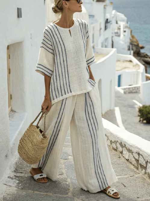 Matching Two-Piece Set in Striped Linen with Split-Neck Top and Wide-Leg Pants