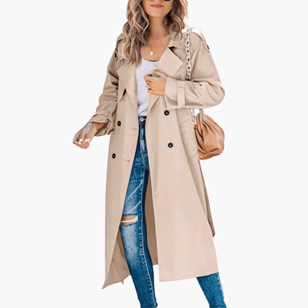 Double-Breasted Trench Coat with Adjustable Cuffs and Belted Waist