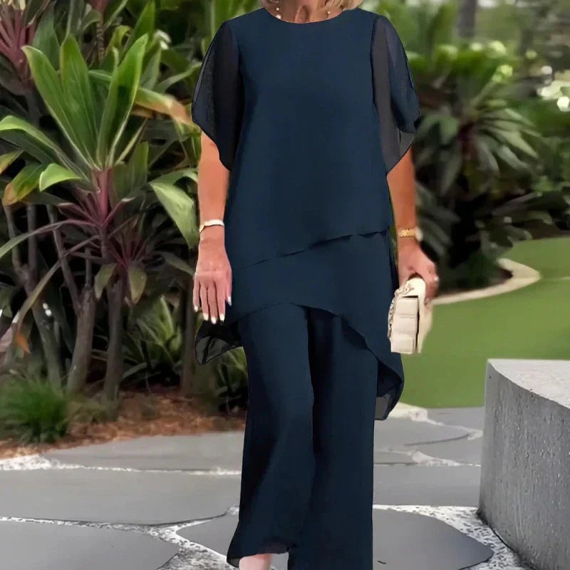 Women's Flowy Two-Piece Wide-Leg Pant Set with Draped Cape Top