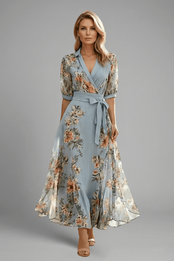 Elena Whitmore Floral Wrap Maxi Dress with Waist Tie