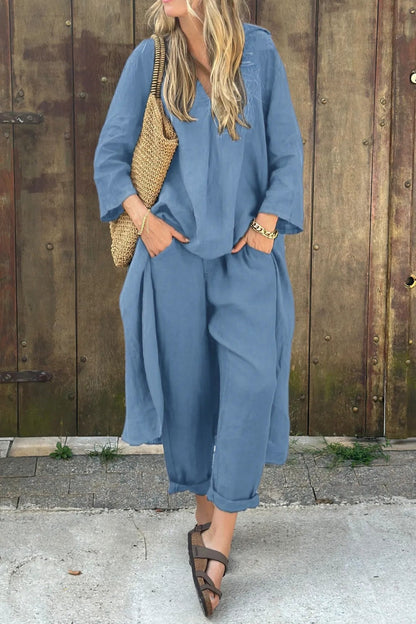 Vimosa Relaxed Linen Co-Ord Set with Longline V-Neck Top and Wide-Leg Pants