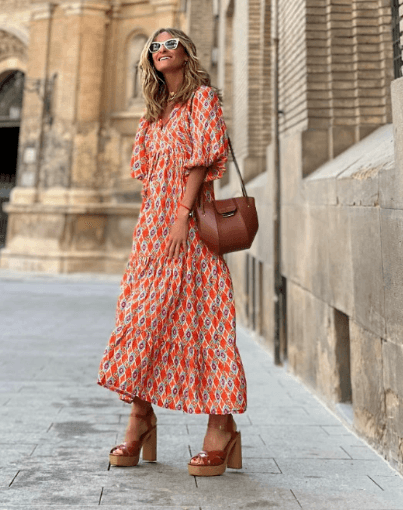 Sara Printed V-Neck Flowy Maxi Dress with Tiered Sleeves for Women