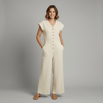 Wide-Leg Button-Front Jumpsuit with V-Neck Cap Sleeves and Side Pockets