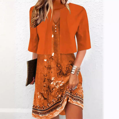 Floral Print V-Neck Women's Midi Dress with Cropped Jacket Two-Piece Set
