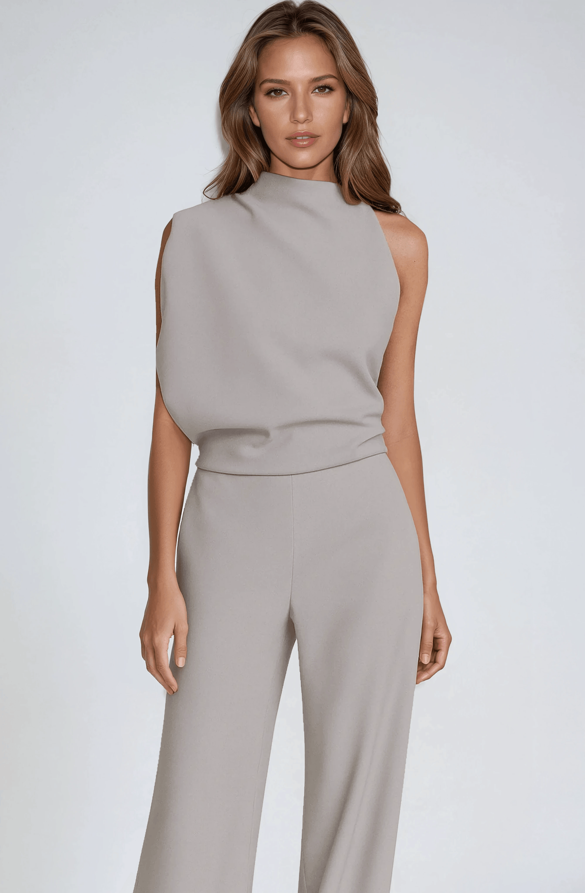 Sleeveless Mock Neck Wide-Leg Jumpsuit with Draped Top and Side Pockets