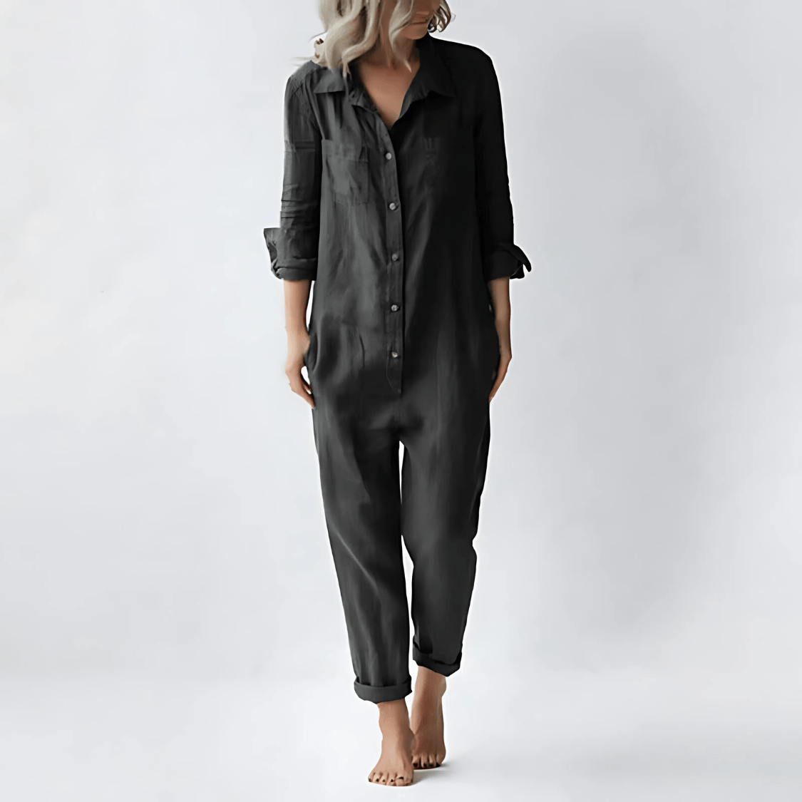 Button-Front Linen Jumpsuit with Pockets for Women