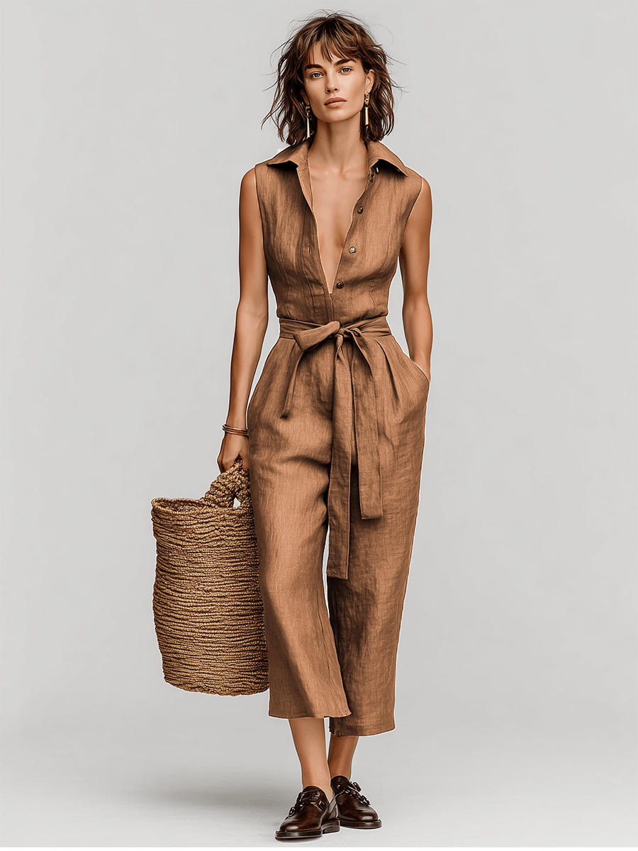 Women's Belted Wide-Leg Linen Jumpsuit with Pockets