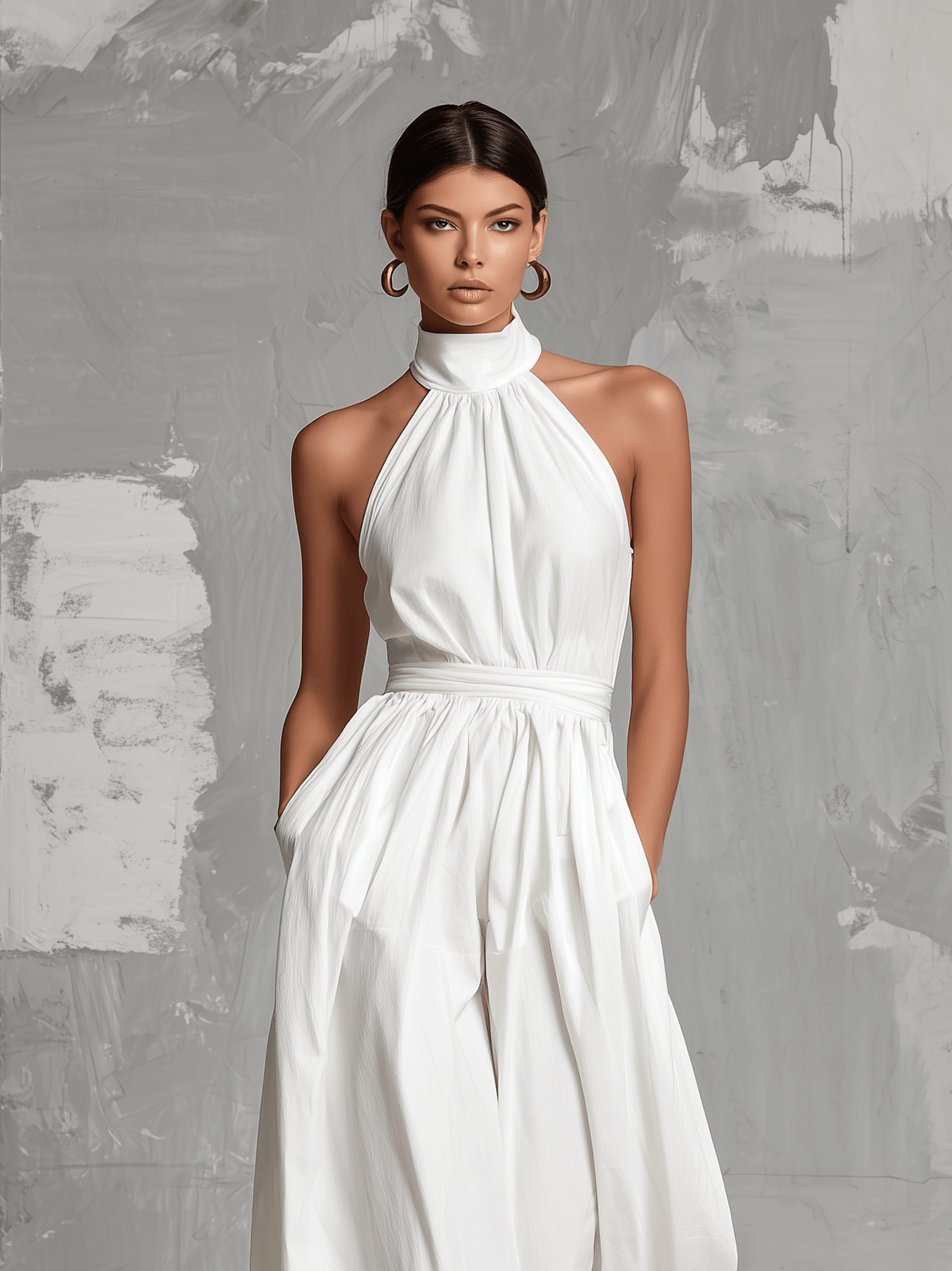 Women's Halter Neck Wide Leg Linen Jumpsuit with Belted Waist