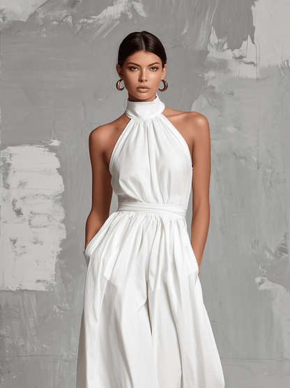 Women's Halter Neck Wide Leg Linen Jumpsuit with Belted Waist
