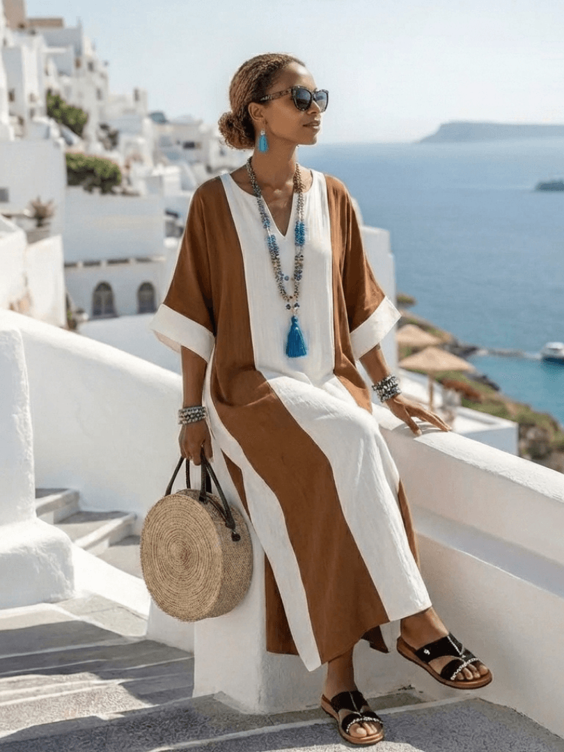 Calindra Colour-Block Short-Sleeve Maxi Dress with Relaxed V-Neck Fit