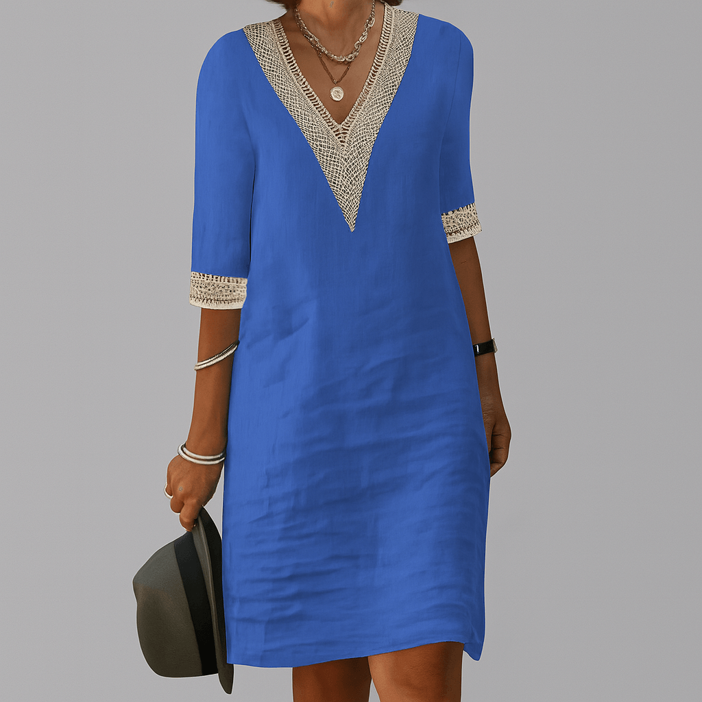 Women's Linen Crochet-Trim Summer Midi Dress with Half Sleeves