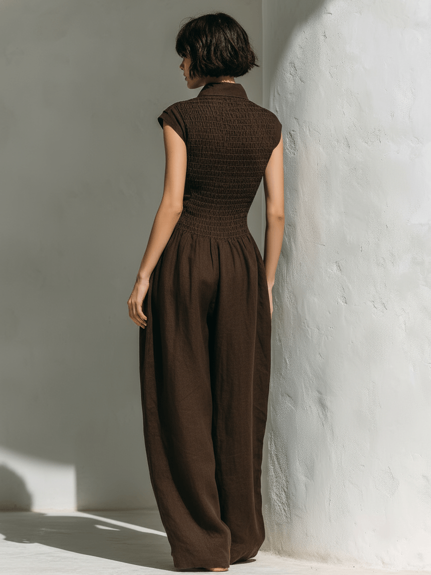 High-Waist Wide-Leg Linen Blend Jumpsuit with Pockets for Women