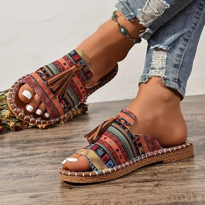 Naomi Kirkland Woven Cushioned Sandals with Boho Tassel Detail for Women