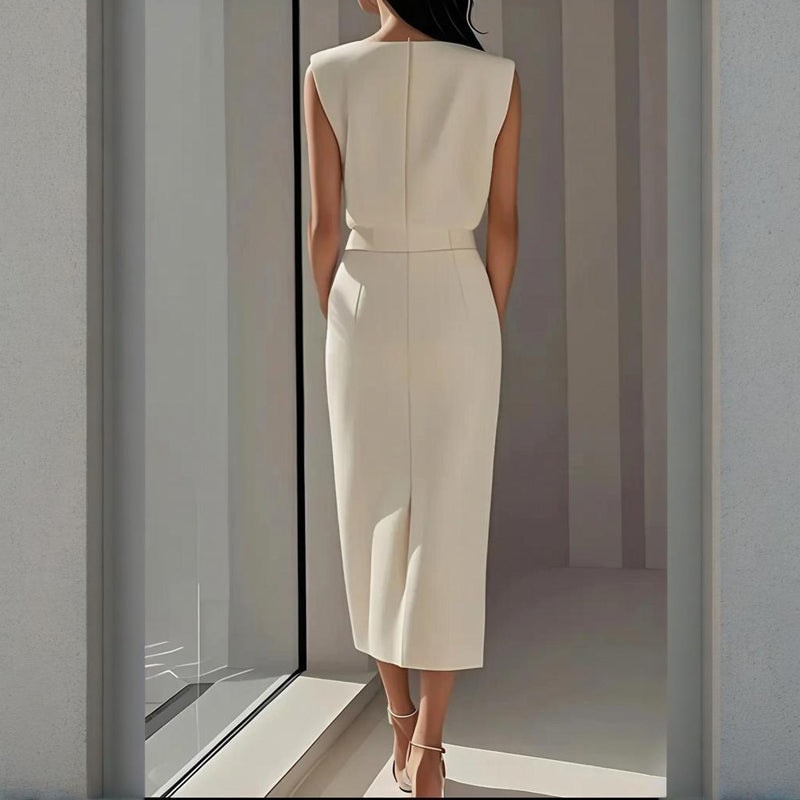 Camille | Structured Shoulder Midi Dress with Side Split