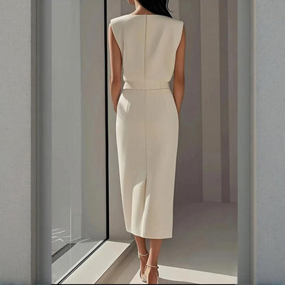 Camille | Structured Shoulder Midi Dress with Side Split