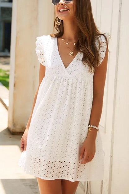 Women's White Summer Mini Dress with V-Neck Ruffle Cap Sleeves and Eyelet Detail