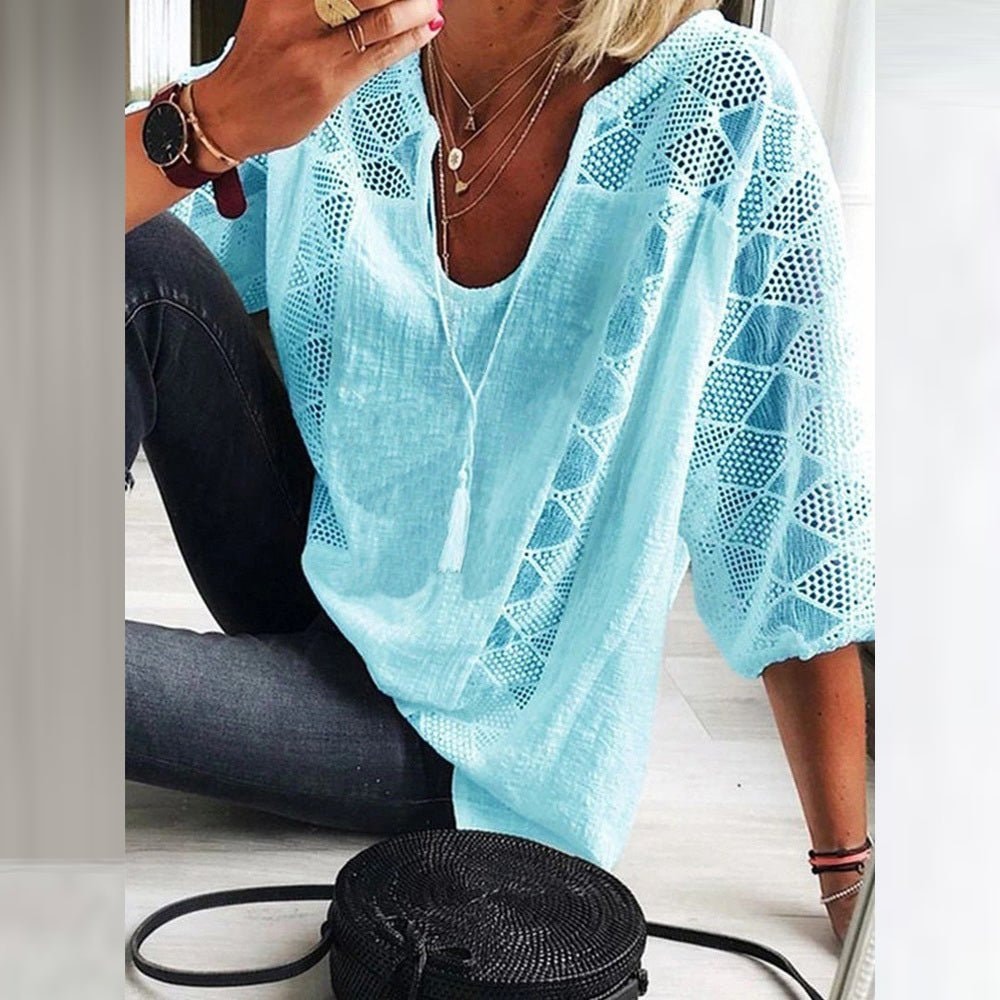 Crochet Panel Boho Blouse with Three-Quarter Sleeves