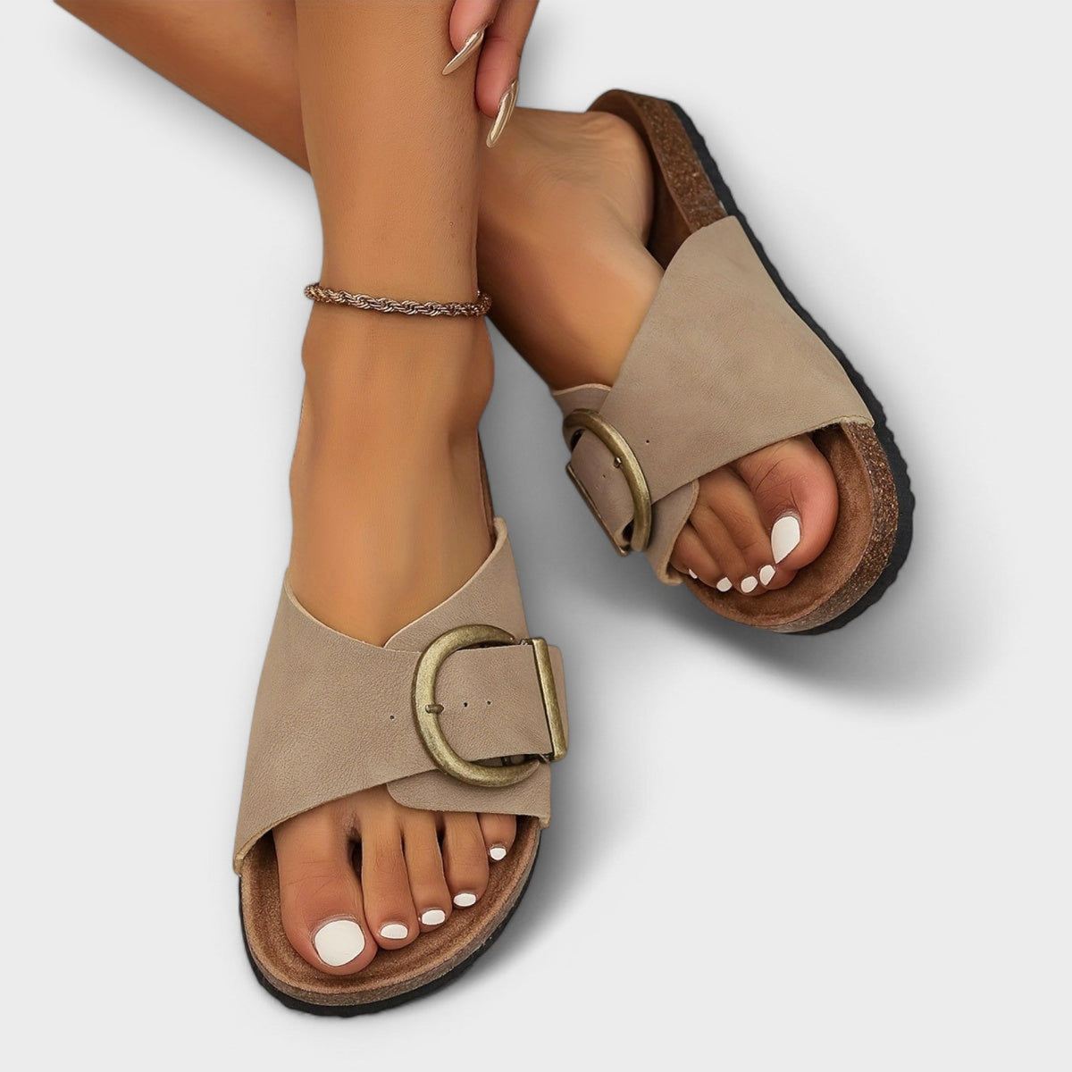 Joan Buckle-Strap Women's Cushioned Slide Sandals with Cork Footbed