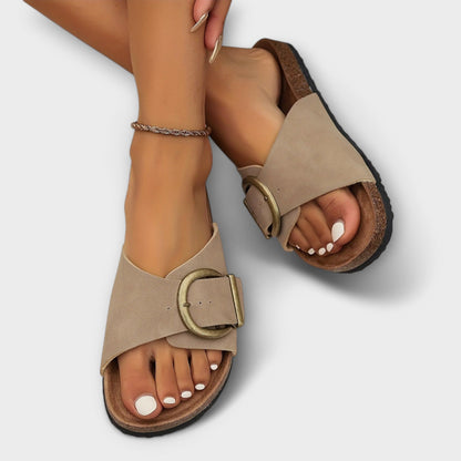 Joan Buckle-Strap Women's Cushioned Slide Sandals with Cork Footbed
