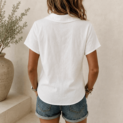 Shawl-Collar V-Neck Short Sleeve Top with Textured Weave