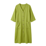 Button-Front V-Neck Midi Dress with Patch Pockets for Women