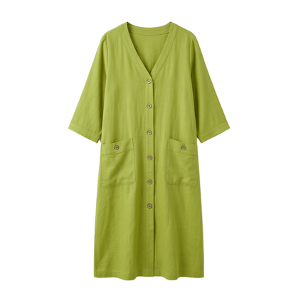 Button-Front V-Neck Midi Dress with Patch Pockets for Women