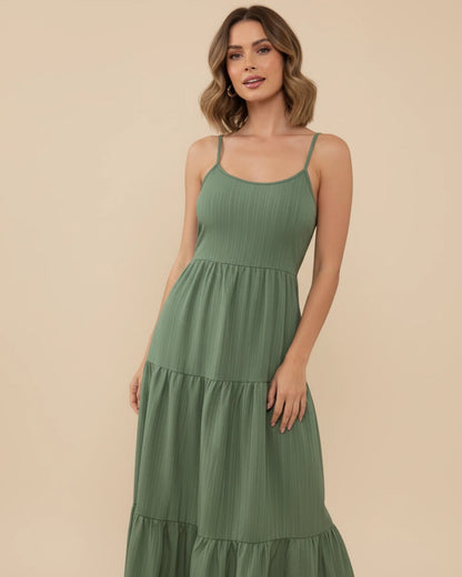 Tiered A-Line Summer Maxi Dress with Spaghetti Straps and Tie Back