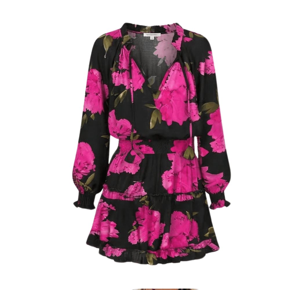 Printed V-Neck Ruffle Mini Dress with Lantern Sleeves for Women