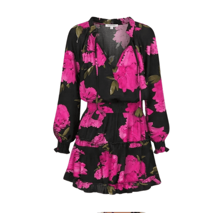 Printed V-Neck Ruffle Mini Dress with Lantern Sleeves for Women