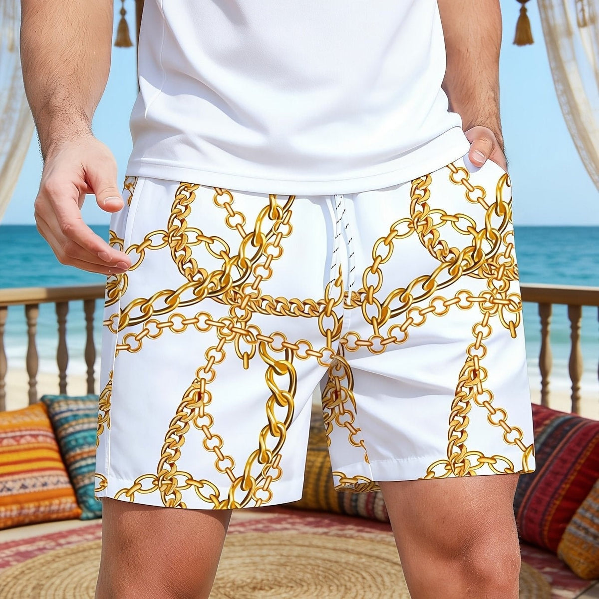 Striped Drawstring Swim Shorts with Mesh Lining for Men