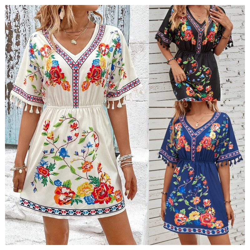Isla Pemberton Boho Floral Tassel-Sleeve Women's Mini Dress