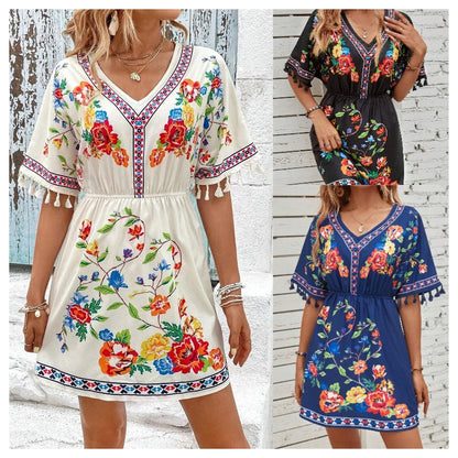 Isla Pemberton Boho Floral Tassel-Sleeve Women's Mini Dress