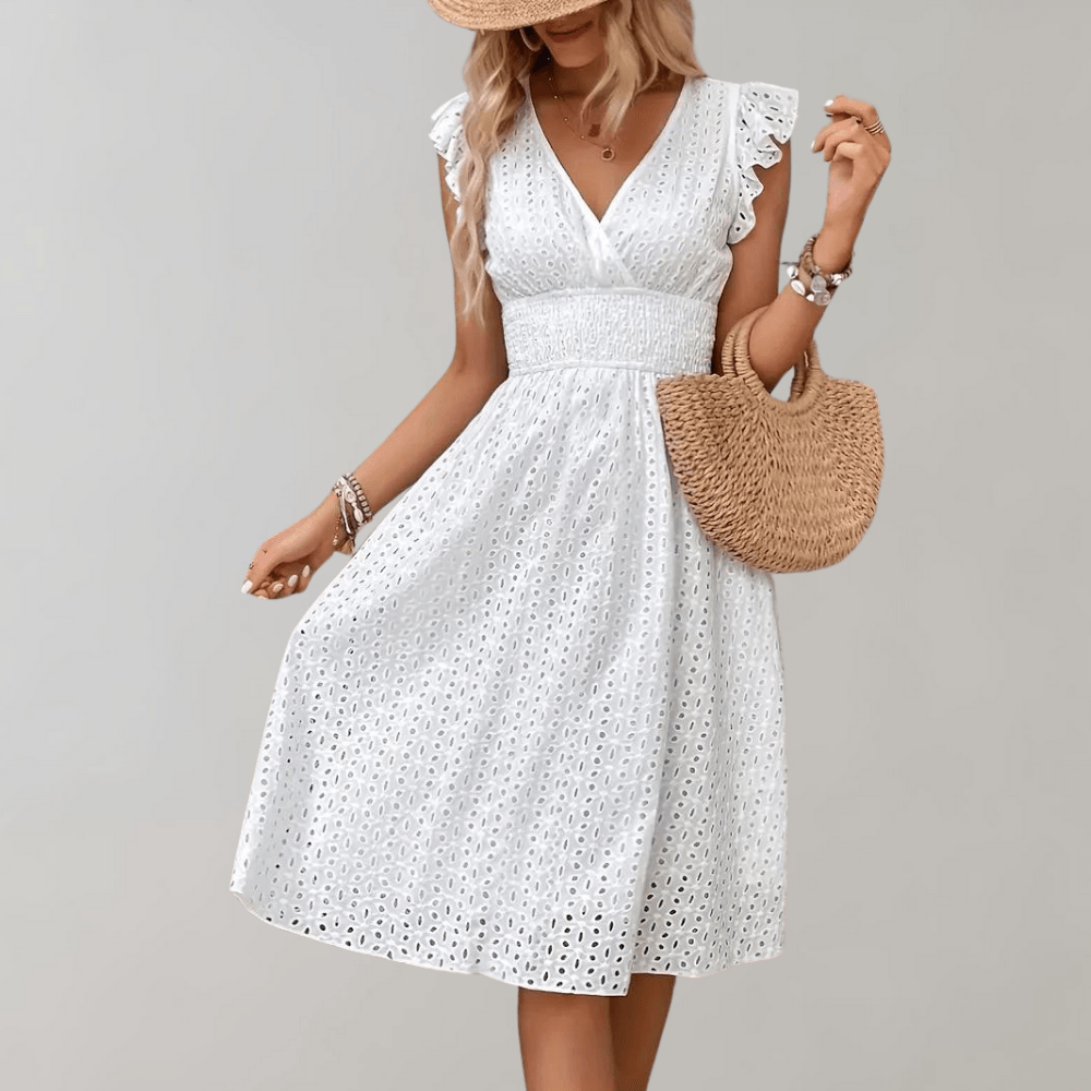 V-Neck Eyelet Cotton A-Line Midi Dress with Ruffle Sleeves for Women