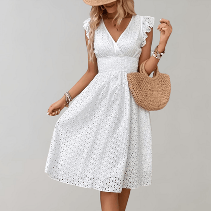 V-Neck Eyelet Cotton A-Line Midi Dress with Ruffle Sleeves for Women