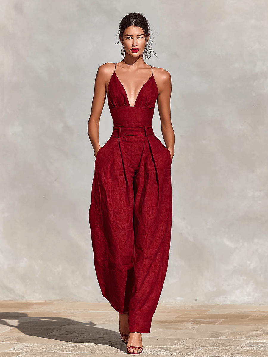 Women's Wide-Leg Linen-Blend Jumpsuit with Deep V Neckline