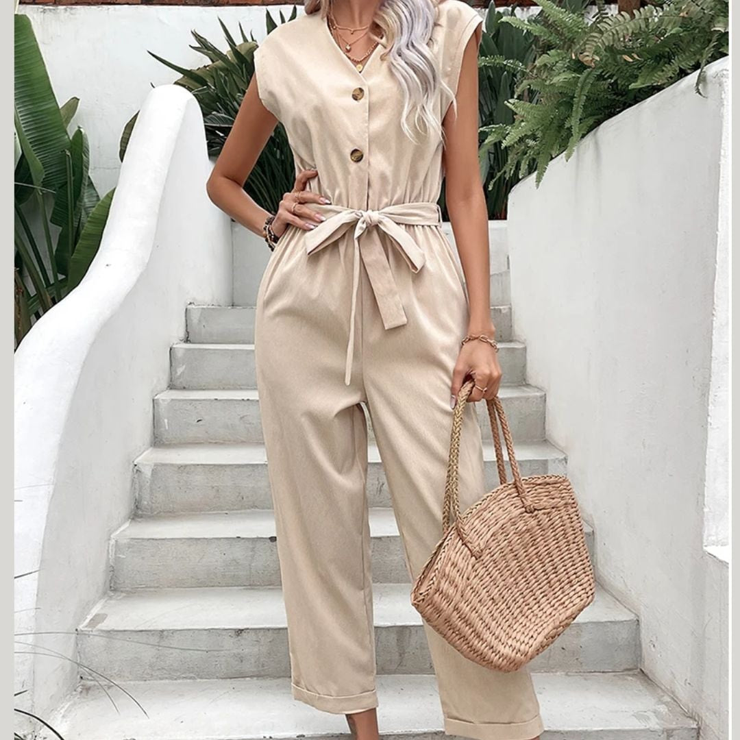 Belted Button-Front Sleeveless Jumpsuit for Women