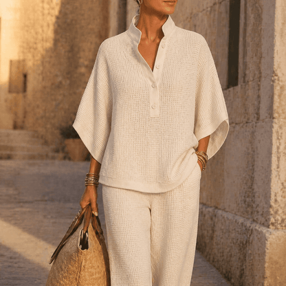 Vienelle Waffle-Knit Two-Piece Lounge Set with Wide-Leg Pants